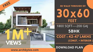 30x60 House Design 3D | 1800 Sqft | 200 Gaj  | 5 BHK | Modern  Design | Terrace Garden | 9x18 Meters