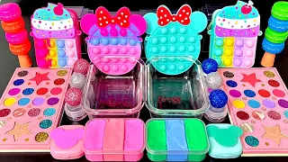 [ASMR]Mixing Mickey Pink vs Mint Eyeshadow, Glitters into clear slime 미키마우스 슬라임(176) satisfying