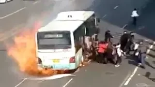 Scary moment: Moving bus explodes, passengers jump out