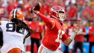 Kansas City Chiefs' Quarterback Patrick Mahomes On Pass To Tyreek Hill In Game Against Browns