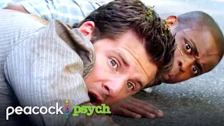 Shawn and Gus almost get squashed by a getaway car | Psych