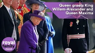 Queen arrives to greet King Willem-Alexander and Queen Maxima of the Netherlands