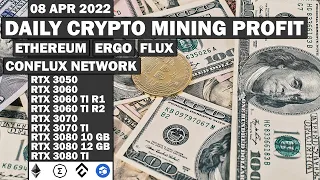 Daily Crypto Mining Profit | 08 APR 2022 | Ethereum ERGO Conflux Network FLUX