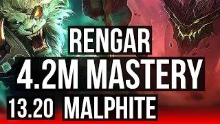 RENGAR vs MALPHITE (TOP) | 4.2M mastery, 10/1/2, 6 solo kills, Godlike | BR Master | 13.20