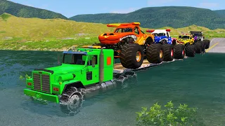 Double Flatbed Trailer Truck Rescue Monster Trucks vs Deep Water - BeamNG.drive 002