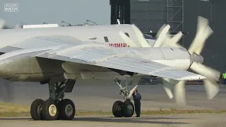 Tupolev TU-95 Bear strategic bomber, prepared, startup and takeoff.