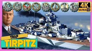 Линкор Тирпиц на карте Ловушка, игра на 8 медалей - World of Warships