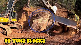 Caterpillar D7g Bulldozer And Excavator Removes Giant Block Rock~Dev Kaya Çıkartma Operasyonu #cat
