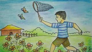 how to draw a village boy catching butterfly's very easy scenery