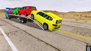 Flatbed Trailer Toyota LC Cars| BeamNG.Drive| Transportation with Truck - Pothole vs Car
