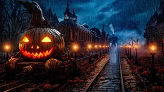 Haunted Train Station Halloween Ambience with Relaxing Heavy Rain & Thunderstorm Sounds, White Noise