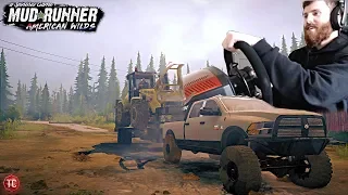 SpinTires MudRunner: REALISTIC Trailer Towing with Wheel!! Cummins Hauling New Holland Loader