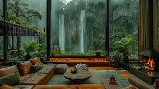 Smooth Jazz Music With Waterfall Sound On Rainy Day - Warm Jazz Music By Fireplace In Living Room