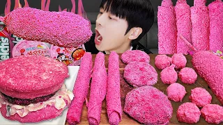 ASMR MUKBANG | PINK TAKIS RICE CAKE Tteokbokki, Fire Noodles, cheese stick, hot dog recipe ! eating