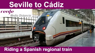 Riding a Spanish regional train from Seville to Cádiz from the majestic Santa Justa station