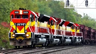 CN and KCS Engines Power Stack Train. Big 2 Mile Long CSX Train In Fog. Huge Manifest Trains + More