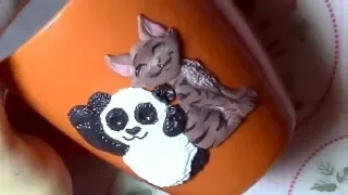 Декор чашки полимерной глиной для любящих и любимых! Панда и кот     DIY love cup polymer decor