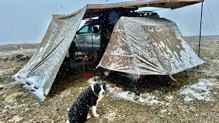 Winter Camping in Snow Blizzard - Elevated Popup Tent - Freezing Rain