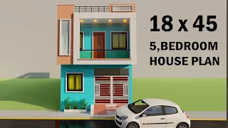 18 by 45 5 Bedroom house design,3D kam se kam kharche ka makan,18x45 car parking house planning