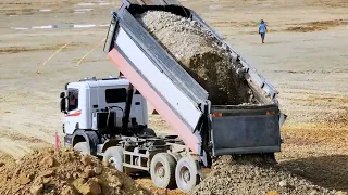 Land Filling Up Processing Dump Trucks With Dozer SHANTUI Pushing Into Water Clearing Land #Ep2331