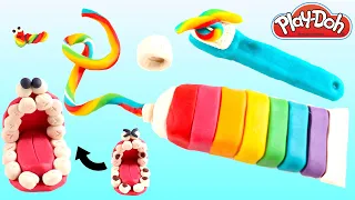 Play Doh Rainbow Toothpaste & Toothbrush. Fun & POP DIY Play Dough Arts and Crafts.