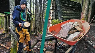 Building a Rock Fireplace INSIDE THE FORT IN THE WOODS-Sawhorse, Breakfast on the Fire, Axe Station.