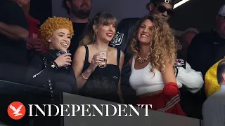 Taylor Swift flanked by Ice Spice and Blake Lively as she cheers on Travis Kelce