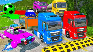 Monster Truck Flatbed Trailer Tractor Rescue Bus - Big & Small Cars - Cars vs Rails and Train