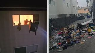 Unruly Neighbor Tosses Items Out of His Apartment Window