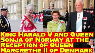 King Harald V and Queen Sonja of Norway at the Reception of Queen Margrethe II of Denmark