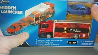 Diecast 1/64 scale RMZ City Scania launcher truck with BMW M5