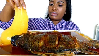 Asmr mukbang tilapia fish pepper soup with starch fufu/Nigerian food mukbang