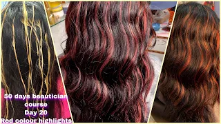 Red colour highlighting on dark black hair | red colour highlights