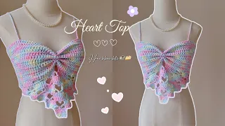 Crochet Heart Top🎀|Beginner Friendly|💕All Size Móc áo len họa tiết trái tim nhún ngực chi tiết ☁️