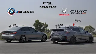 Fully Modified Honda Civic FK Stage 3 vs BMW M340i Stock Car, DRAG RACE [ENG CC]