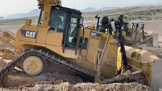 Two Caterpillar D9T Bulldozers Working On Huge Mining Area