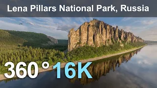 National park Lena Pillars, Russia. 16K 360 aerial video.