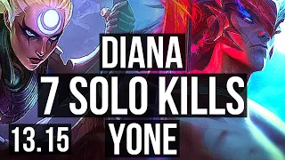 DIANA vs YONE (MID) | 7 solo kills, 65% winrate, 13/3/6, Godlike | KR Master | 13.15