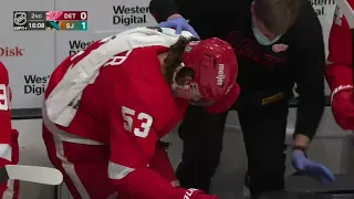 Moritz Seider went to the locker room after getting hit by a puck in the face