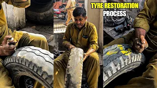 Restoration of old tires into new at local tyres repair shop