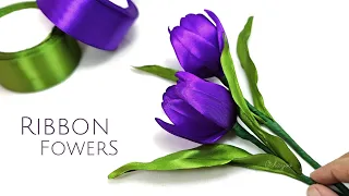 DIY/how to make satin ribbon flowers tulips easily