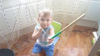 two years old baby boy drummer Lyonya Shilovsky plays heavy metal (skillet - comatose)