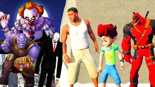 Thanos,Pennywise,Selender man Play Hide & kill With Franklin, Shinchan,Kicko,Oggy and Jack | Gta V