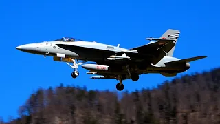 Heavily Armed F/A-18 Hornets of the Swiss Air Force Land at Meiringen Air Base [4K]