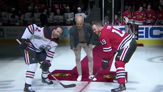 Keith and  Toews HILARIOUS Ceremonial Faceoff (Oilers)