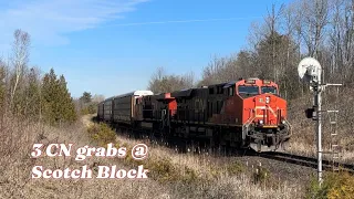 A trio of Canadian National trains at Scotch Block ON. 3-13-2024