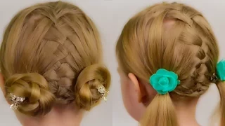 Double Waterfall with Double French Braid Buns or Ponytails. Quick and Easy Hairstyle #28