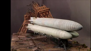 Fantasy 1/700th scale Steampunk hunter-killer mega-Zeppelin over a defeated Paris in 1918 - WW1