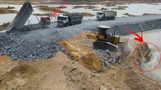 Great Operator Bulldozer Push Stone with Truck Transport Stone Build New Road Connect to other route