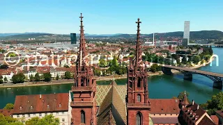 Drone Shot Flying Between Basel Munster Towers On A Warm Summer Day